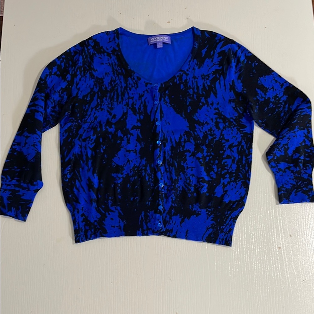 Vivienne Tam Blue & Black Abstract Cropped Cardigan- Size Small